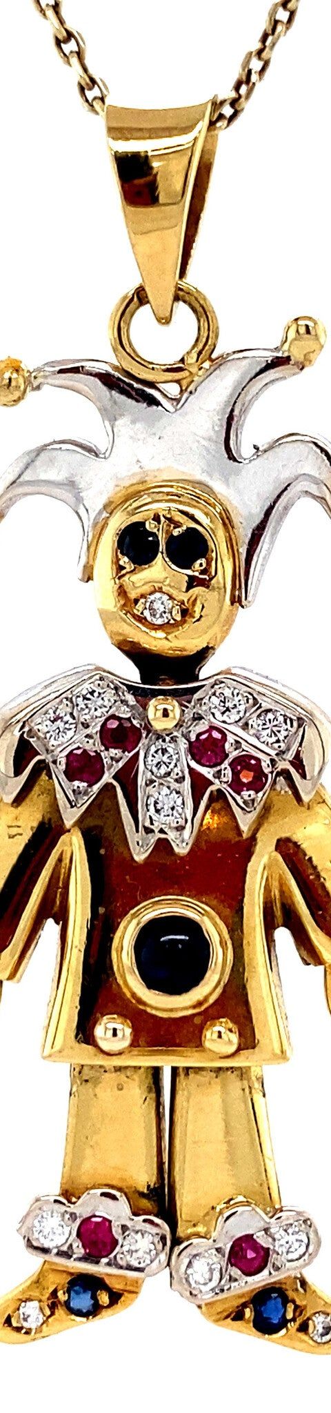 Vintage 18K Gold Joker Pendant with Ruby, Sapphire and Diamond